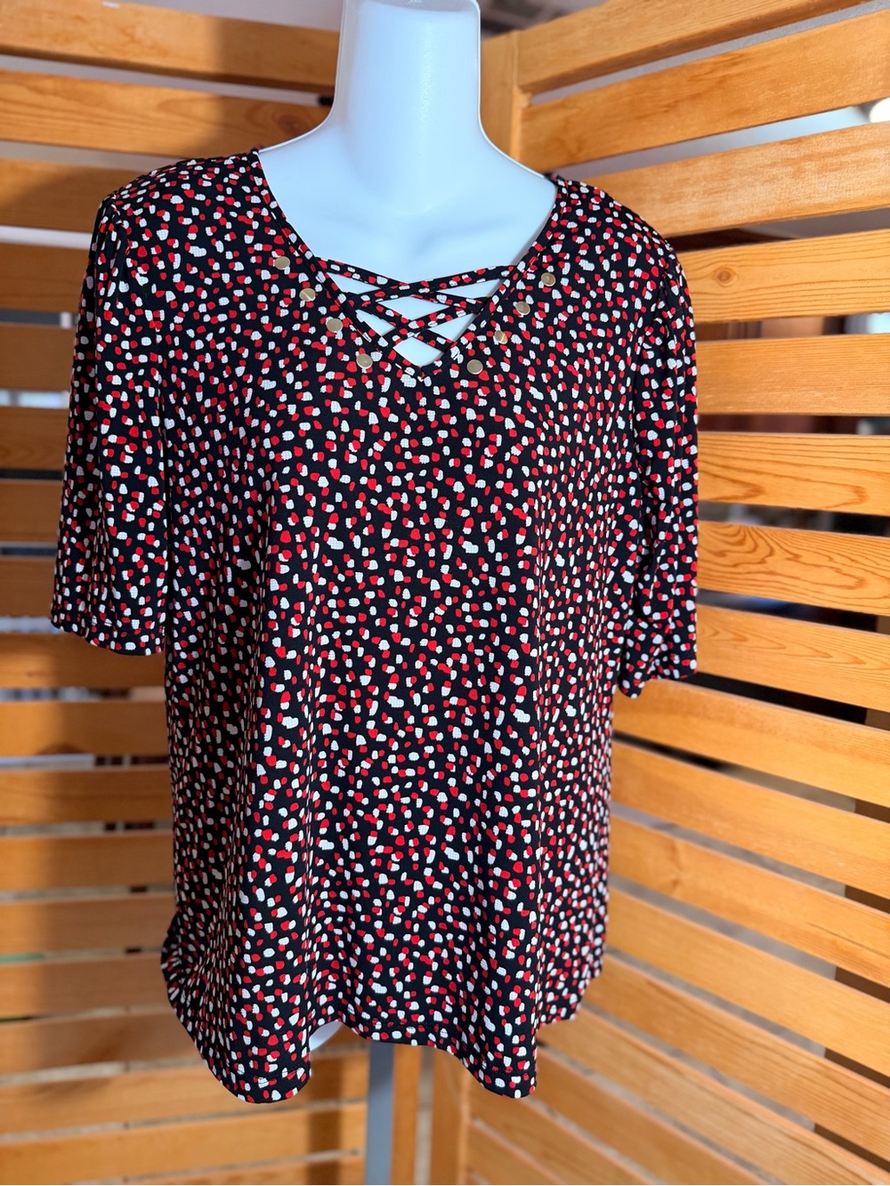 Crisscross V-Neck Short Sleeve Blouse in Black with Red & White Dot Print